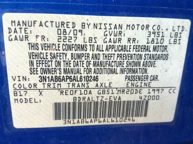 3N1AB6AP6AL610246 - 2010 NISSAN SENTRA 2.0 BLUE photo 10