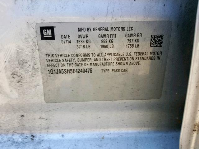 1G1JA5SH5E4240476 - 2014 CHEVROLET SONIC LS SILVER photo 10