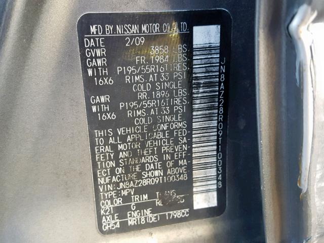 JN8AZ28R09T100348 - 2009 NISSAN CUBE BASE SILVER photo 10