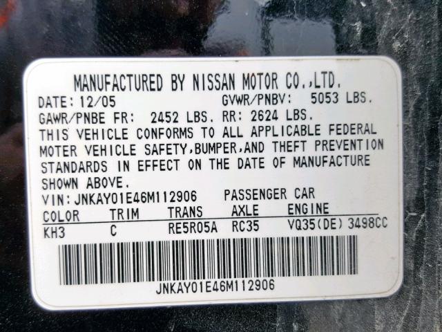 JNKAY01E46M112906 - 2006 INFINITI M35 BASE BLACK photo 10