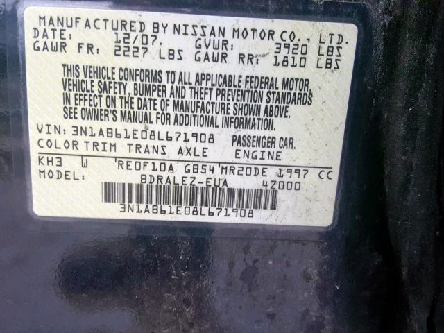 3N1AB61E08L671908 - 2008 NISSAN SENTRA 2.0 BLACK photo 10