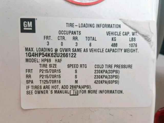 1G4HP54K62U266122 - 2002 BUICK LESABRE CU WHITE photo 10