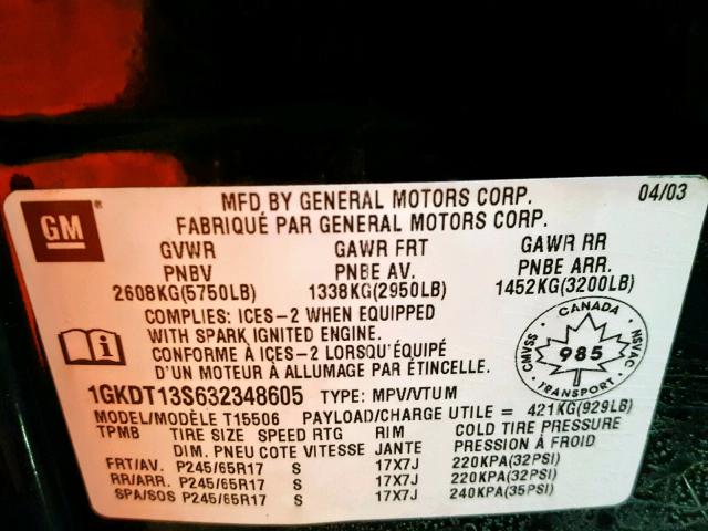 1GKDT13S632348605 - 2003 GMC ENVOY GREEN photo 10