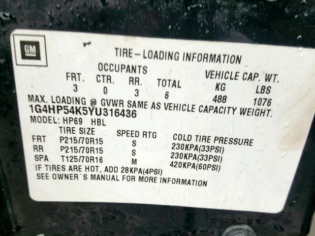 1G4HP54K5YU316436 - 2000 BUICK LESABRE CU BLACK photo 10