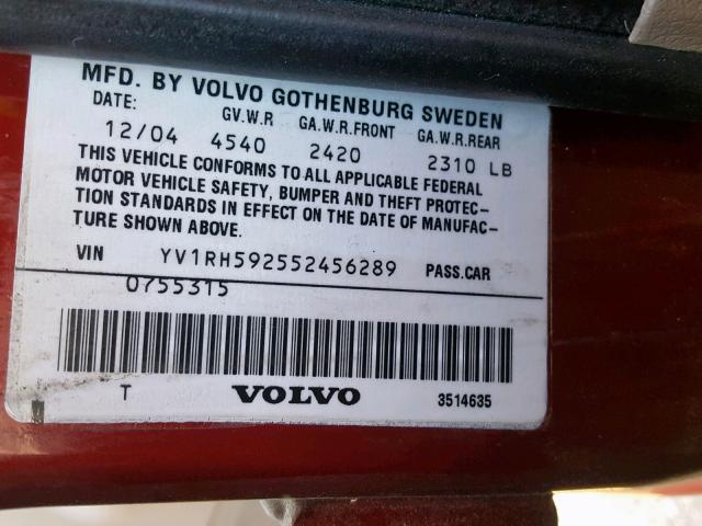 YV1RH592552456289 - 2005 VOLVO S60 2.5T RED photo 10