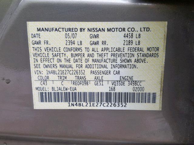 1N4BL21E27C226352 - 2007 NISSAN ALTIMA 3.5 GOLD photo 10