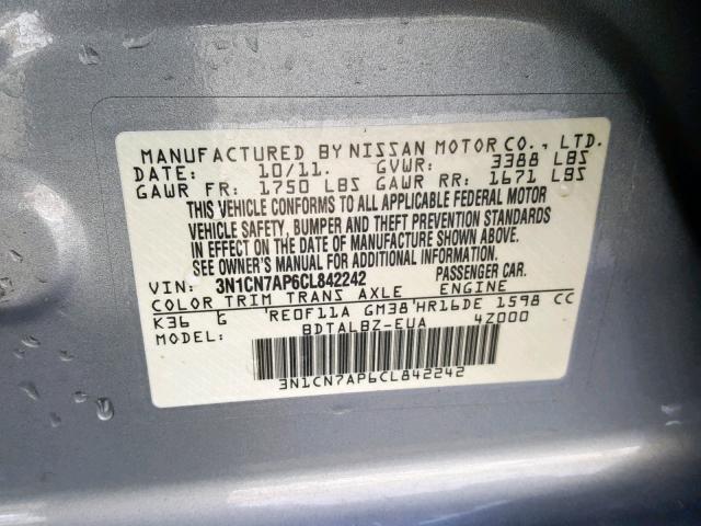 3N1CN7AP6CL842242 - 2012 NISSAN VERSA S GRAY photo 10