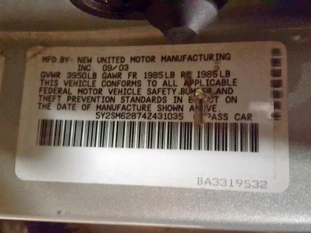 5Y2SM62874Z431035 - 2004 PONTIAC VIBE SILVER photo 10