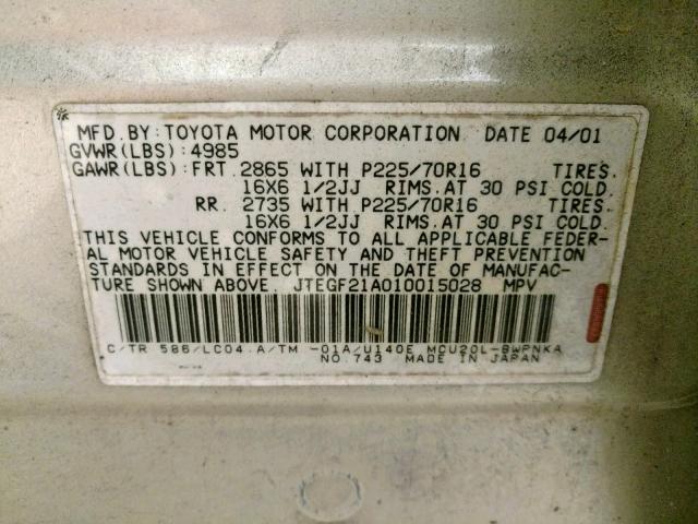 JTEGF21A010015028 - 2001 TOYOTA HIGHLANDER SILVER photo 10