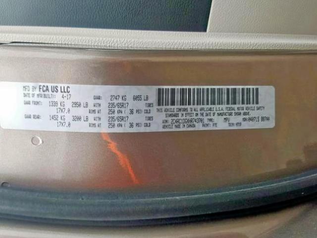 2C4RC1DGXHR743701 - 2017 CHRYSLER PACIFICA T BEIGE photo 10