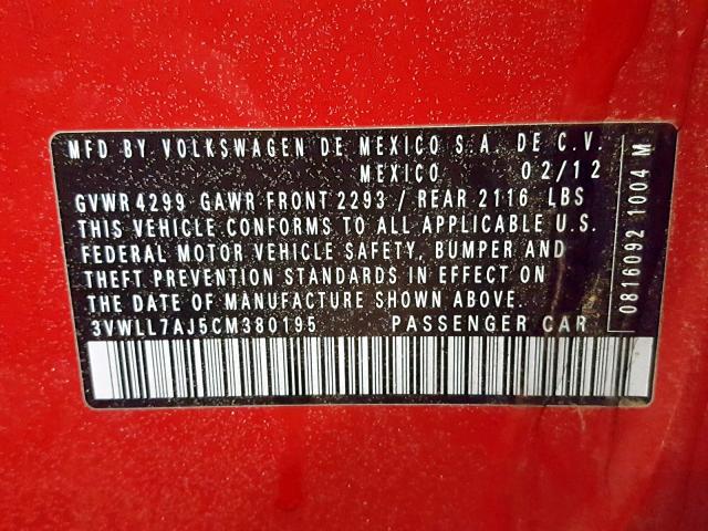 3VWLL7AJ5CM380195 - 2012 VOLKSWAGEN JETTA TDI RED photo 10