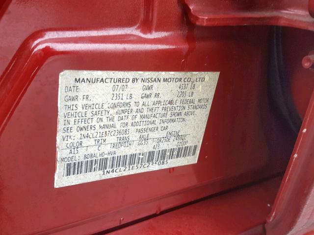 1N4CL21E57C236085 - 2007 NISSAN ALTIMA HYB RED photo 10