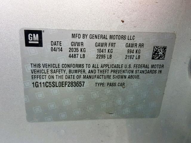 1G11C5SL0EF283657 - 2014 CHEVROLET MALIBU 1LT SILVER photo 10