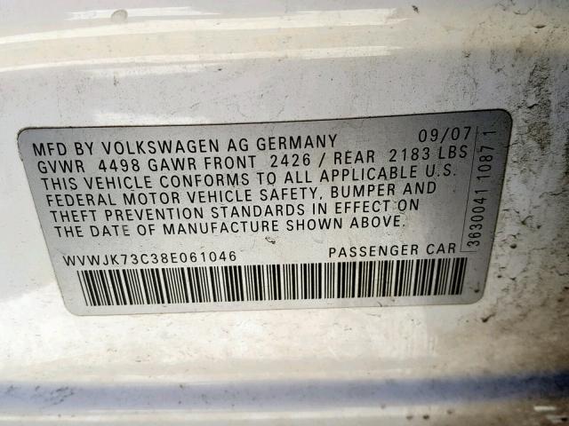 WVWJK73C38E061046 - 2008 VOLKSWAGEN PASSAT TUR WHITE photo 10