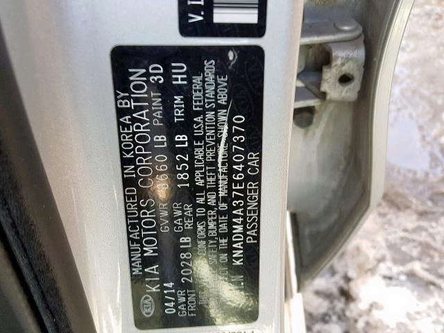 KNADM4A37E6407370 - 2014 KIA RIO LX SILVER photo 10