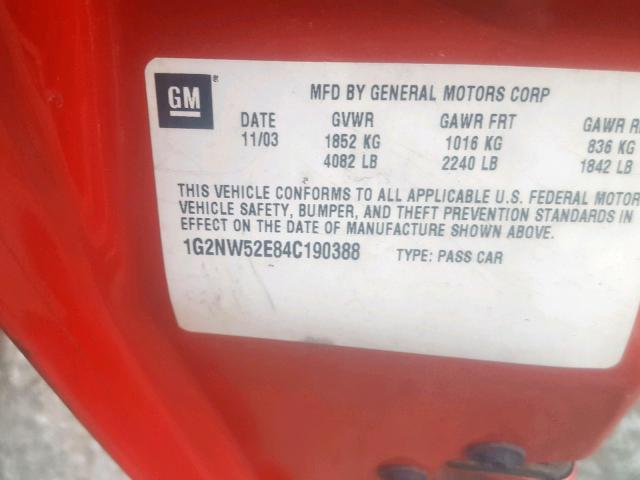 1G2NW52E84C190388 - 2004 PONTIAC GRAND AM G RED photo 10