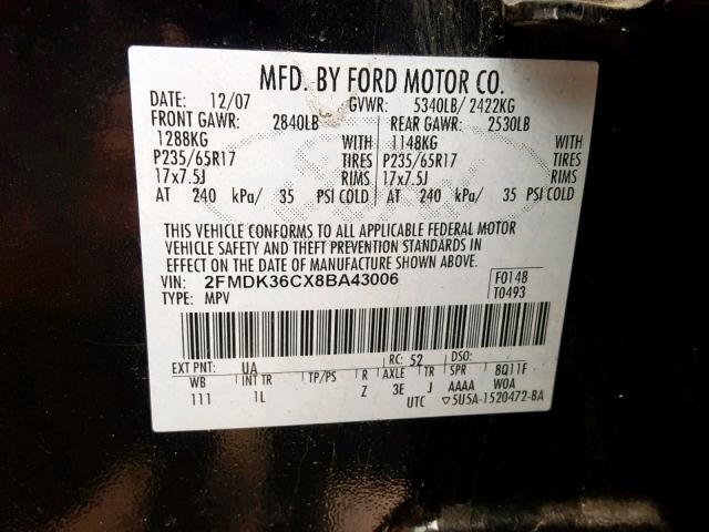 2FMDK36CX8BA43006 - 2008 FORD EDGE SE BLACK photo 10