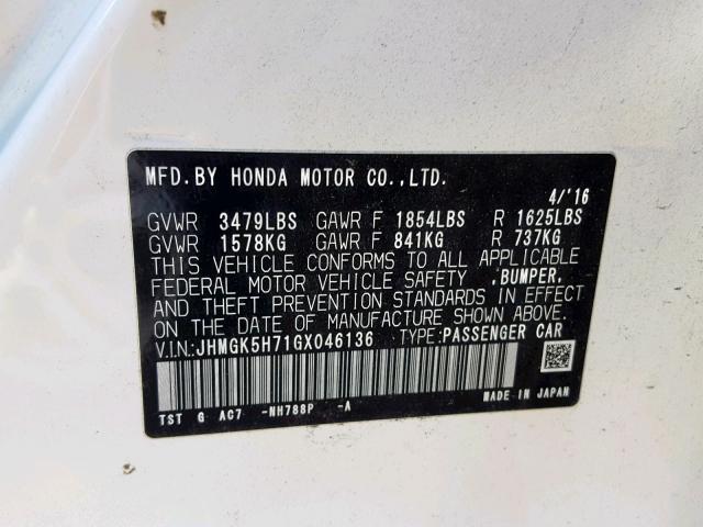 JHMGK5H71GX046136 - 2016 HONDA FIT EX WHITE photo 10