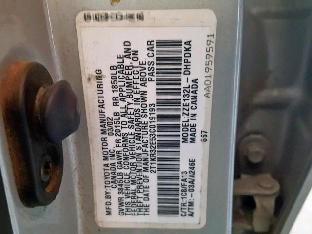 2T1KR32E53C019193 - 2003 TOYOTA MATRIX 银色 照片 10