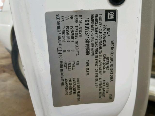 1GNDV23118D199509 - 2008 CHEVROLET UPLANDER L Ağ foto 10