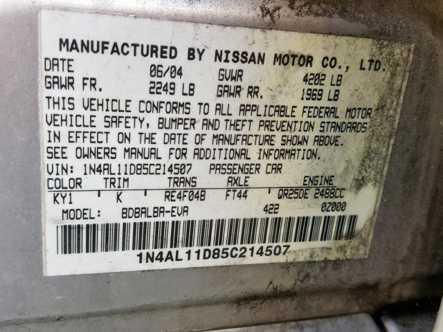 1N4AL11D85C214507 - 2005 NISSAN ALTIMA S GRAY photo 10