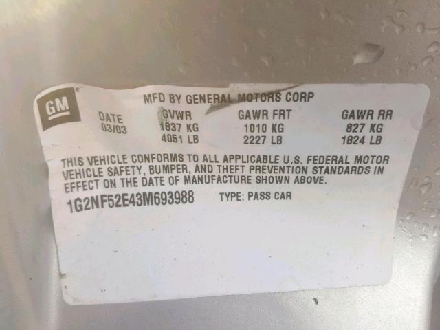 1G2NF52E43M693988 - 2003 PONTIAC GRAND AM S SILVER photo 10