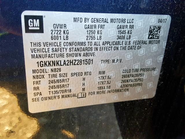 1GKKNKLA2HZ281501 - 2017 GMC ACADIA SLE BLUE photo 10