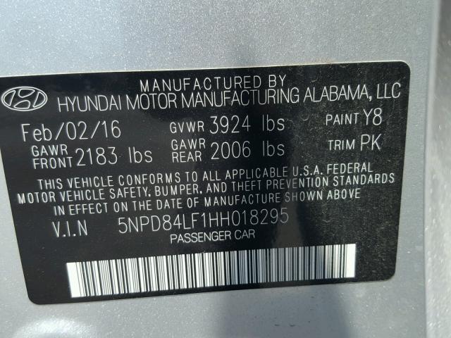 5NPD84LF1HH018295 - 2017 HYUNDAI ELANTRA SILVER photo 10