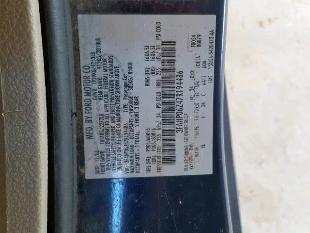 3FAHP06Z47R194486 - 2007 FORD FUSION S BLUE photo 10