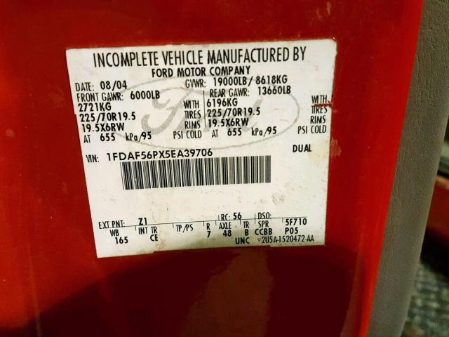 1FDAF56PX5EA39706 - 2005 FORD F550 SUPER RED photo 10