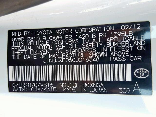 JTNJJXB06CJ016348 - 2012 TOYOTA SCION IQ WHITE photo 10