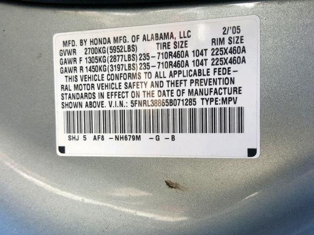 5FNRL38865B071285 - 2005 HONDA ODYSSEY TO BLUE photo 10