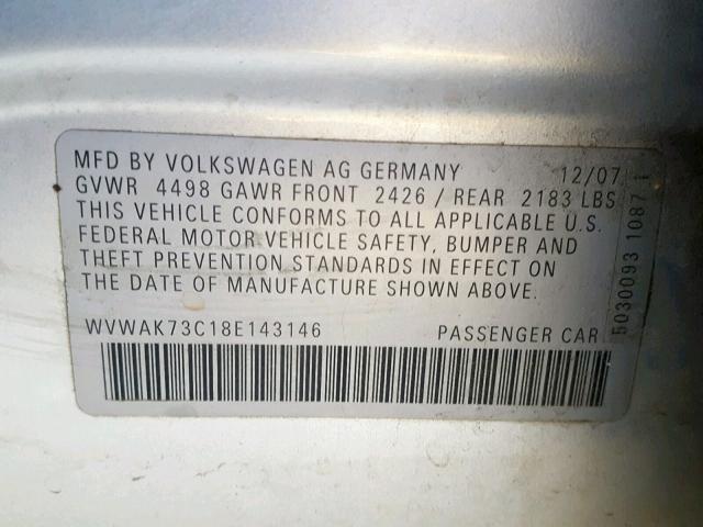 WVWAK73C18E143146 - 2008 VOLKSWAGEN PASSAT KOM SILVER photo 10