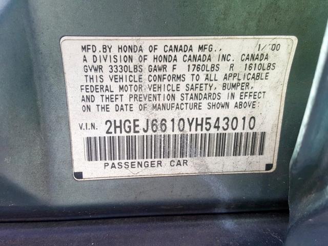 2HGEJ6610YH543010 - 2000 HONDA CIVIC BASE Mavi foto 10