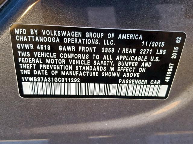 1VWBS7A31GC011292 - 2016 VOLKSWAGEN PASSAT SE GRAY photo 10