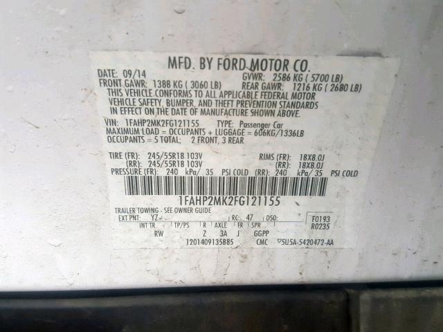 1FAHP2MK2FG121155 - 2015 FORD TAURUS POL WHITE photo 10