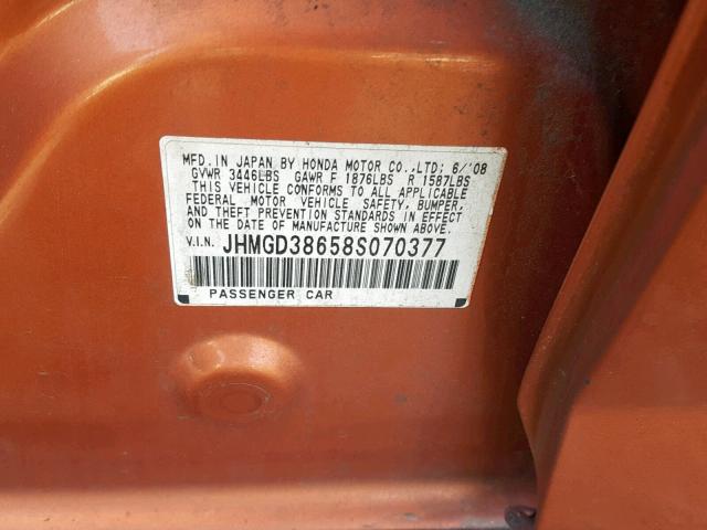 JHMGD38658S070377 - 2008 HONDA FIT SPORT ORANGE photo 10