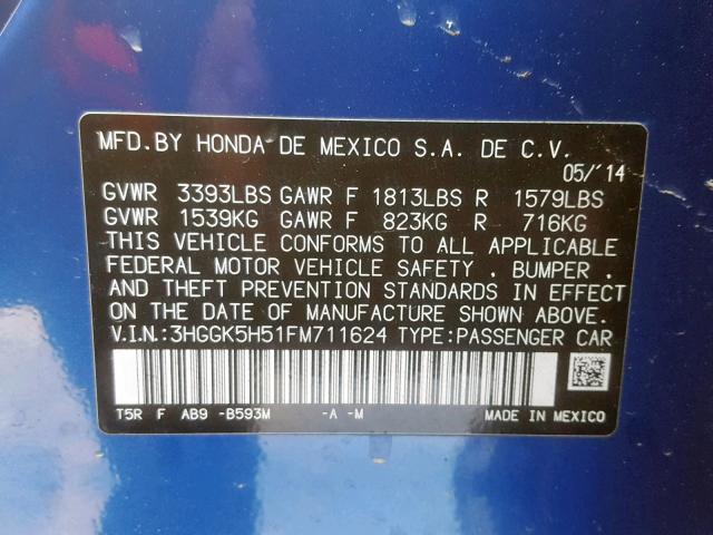 3HGGK5H51FM711624 - 2015 HONDA FIT LX BLUE photo 10