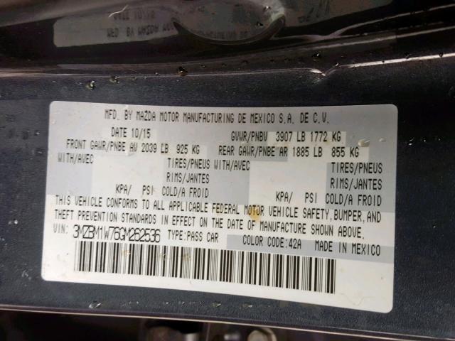 3MZBM1W76GM262536 - 2016 MAZDA 3 TOURING GRAY photo 10