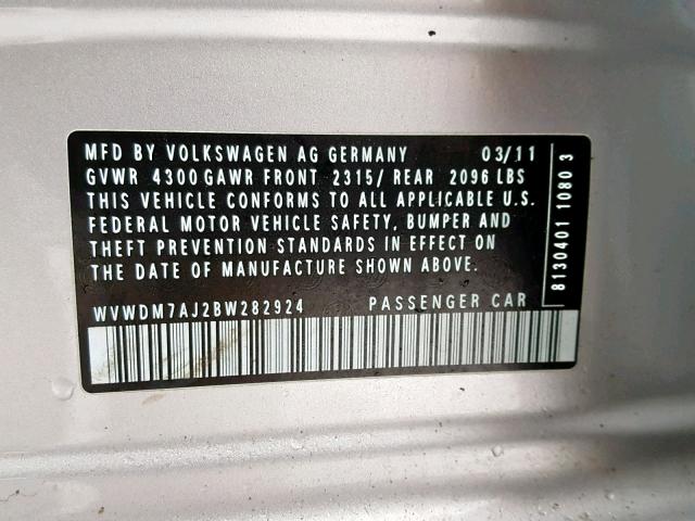 WVWDM7AJ2BW282924 - 2011 VOLKSWAGEN GOLF 银色 照片 10