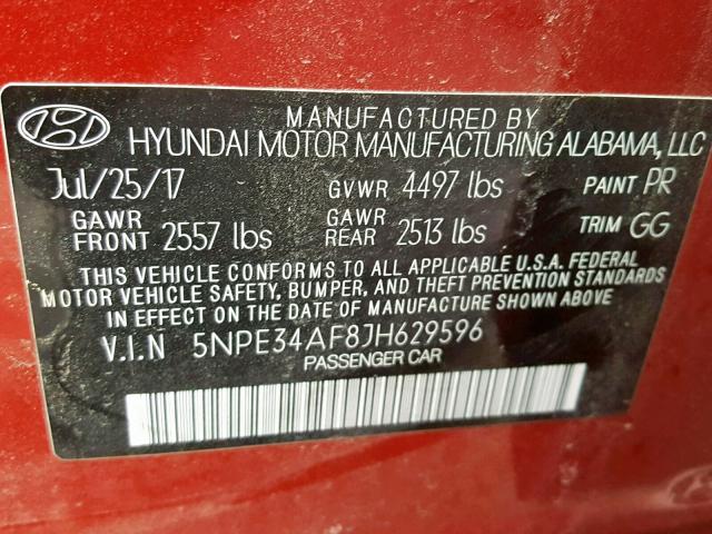 5NPE34AF8JH629596 - 2018 HYUNDAI SONATA SPO RED photo 10