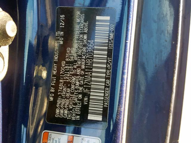 JF1ZNAA11H8703664 - 2017 TOYOTA 86 BASE BLUE photo 10