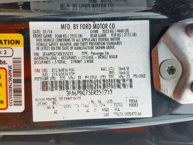 3FA6P0G75ER255233 - 2014 FORD FUSION S BLACK photo 10