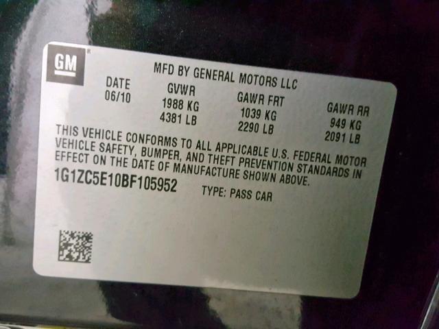 1G1ZC5E10BF105952 - 2011 CHEVROLET MALIBU 1LT შავი ფოტო 10