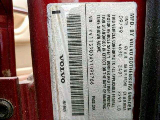 YV1TS90DXY1096766 - 2000 VOLVO S80 T6 TUR BURGUNDY photo 10