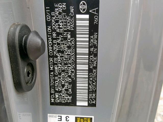 JTKJF5C72B3021063 - 2011 TOYOTA SCION TC ნაცრისფერი ფოტო 10