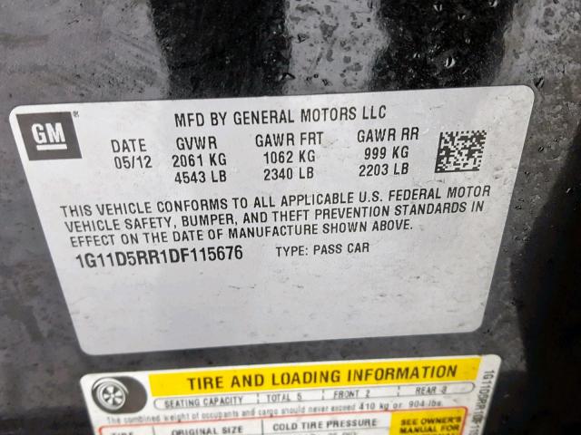 1G11D5RR1DF115676 - 2013 CHEVROLET MALIBU 1LT BLACK photo 10