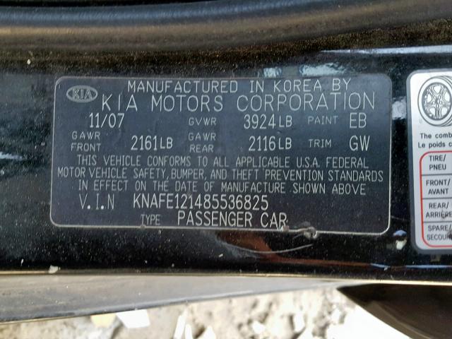 KNAFE121485536825 - 2008 KIA SPECTRA EX BLACK photo 10