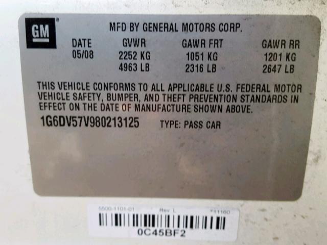 1G6DV57V980213125 - 2008 CADILLAC CTS HI FEA WHITE photo 10