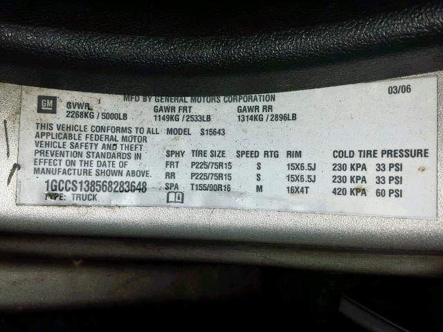 1GCCS138568283648 - 2006 CHEVROLET COLORADO SILVER photo 10